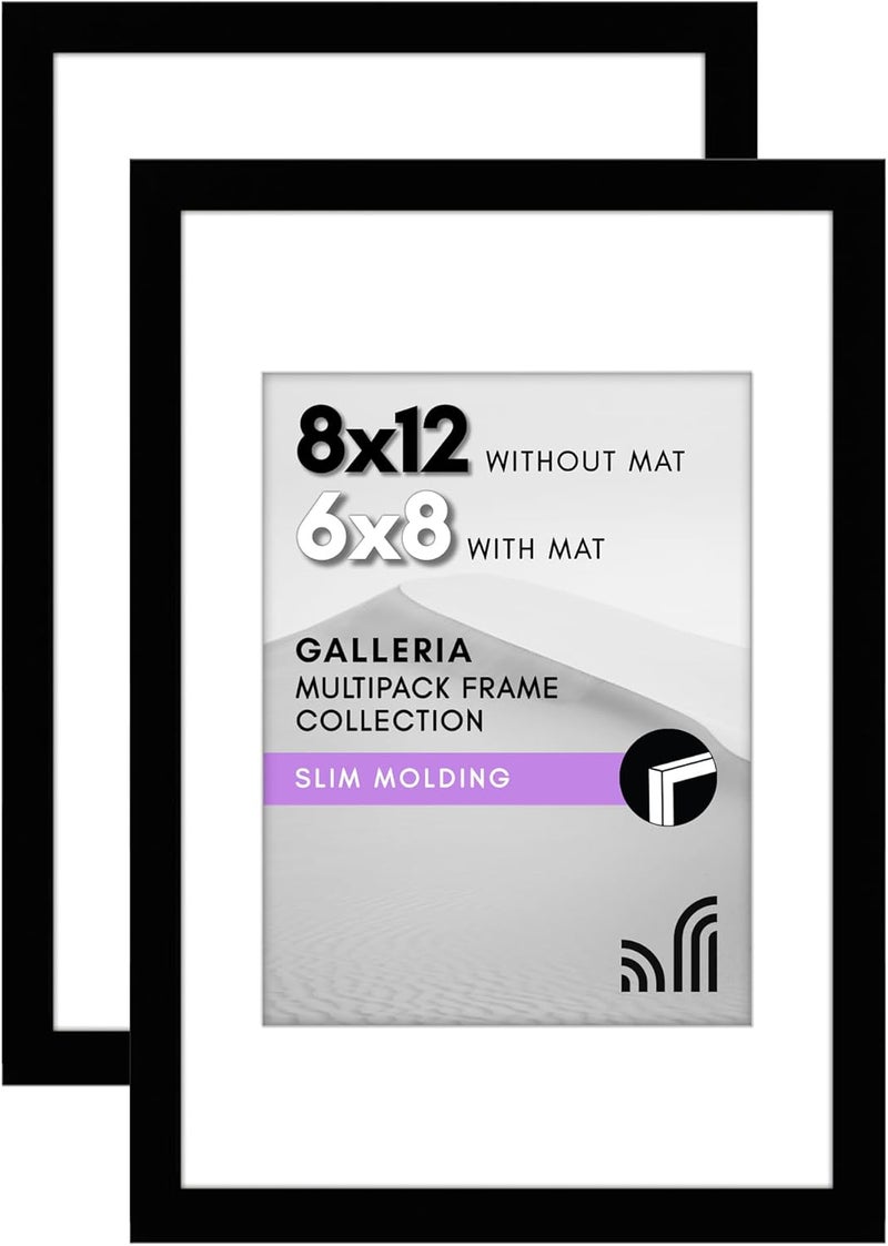 Americanflat 8x12 Picture Frame with Polished Plexiglass - Set of 2 - Use as 6x8 Frame with Mat or 8x12 Frame Without Mat - Galleria Collection - Gallery Wall Frame Set for Wall Display - Black - Image 1