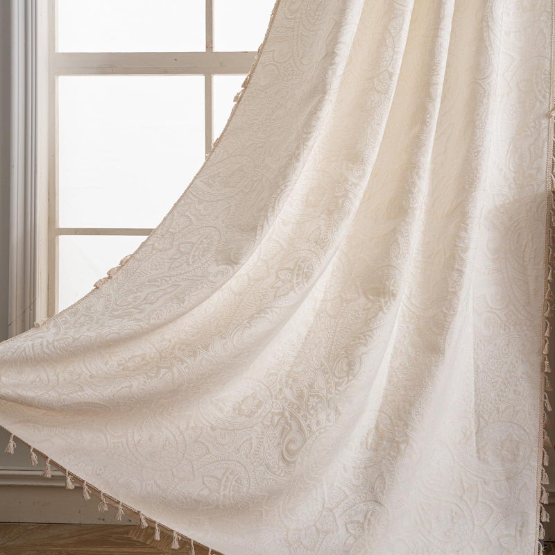 ENJOYBRIDAL ستائر ENJOYBRIDAL بيسلي بطول 84 بوصة لغرفة النوم وغرفة المعيشة، جاكار شبه شفافة باللون الأبيض الفاتح، ستائر طول الأرضية، مجموعة من لوحين، جيب قضيب، تصميم بوهو مزرعة، زهور كريمية، معالجة نوافذ - Image 1