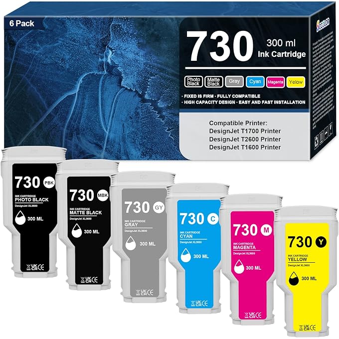 730 Ink Cartridges 300ML 6-Pack P2V68A P2V69A P2V70A P2V71A P2V72A P2V73A 730XL Ink Cartridge Replacement for DesignJet T1700 T2600 T1600 Printer