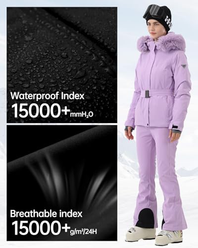 HIGH EXPERIENCE Women's Ski Jacket Snowboard Fitted Slim Belted Snow Coat Warm Winter Mountain Waterproof Windproof Insulated Hooded (US, Alpha, Medium, Regular, Regular, Light Purple) - Image 4