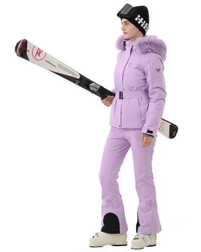 HIGH EXPERIENCE Women's Ski Jacket Snowboard Fitted Slim Belted Snow Coat Warm Winter Mountain Waterproof Windproof Insulated Hooded (US, Alpha, Medium, Regular, Regular, Light Purple) - Image 3