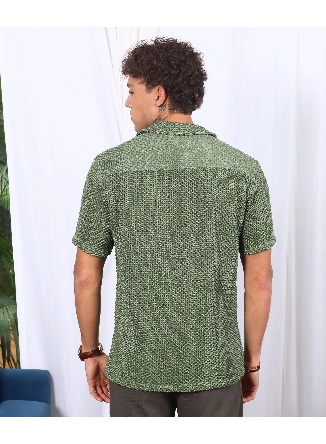Campus Sutra Men's Olive Green Puffy-Textured Shirt For Casual Wear | Cuban Collar | Short Sleeve | Button Closure | Shirt Crafted With Comfort Fit For Everyday Wear