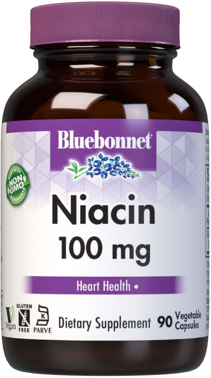 Bluebonnet Niacin 100mg Vitamin B3 Nicotinic Acid  Heart Health Support for Women  Men  NonGMO Vegan Kosher GlutenFree SoyFree DairyFree Flush Niacin Supplement  90 Vegetable Capsules - Image 1