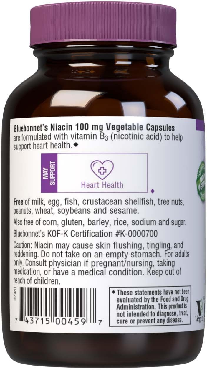 Bluebonnet Niacin 100mg Vitamin B3 Nicotinic Acid  Heart Health Support for Women  Men  NonGMO Vegan Kosher GlutenFree SoyFree DairyFree Flush Niacin Supplement  90 Vegetable Capsules - Image 3