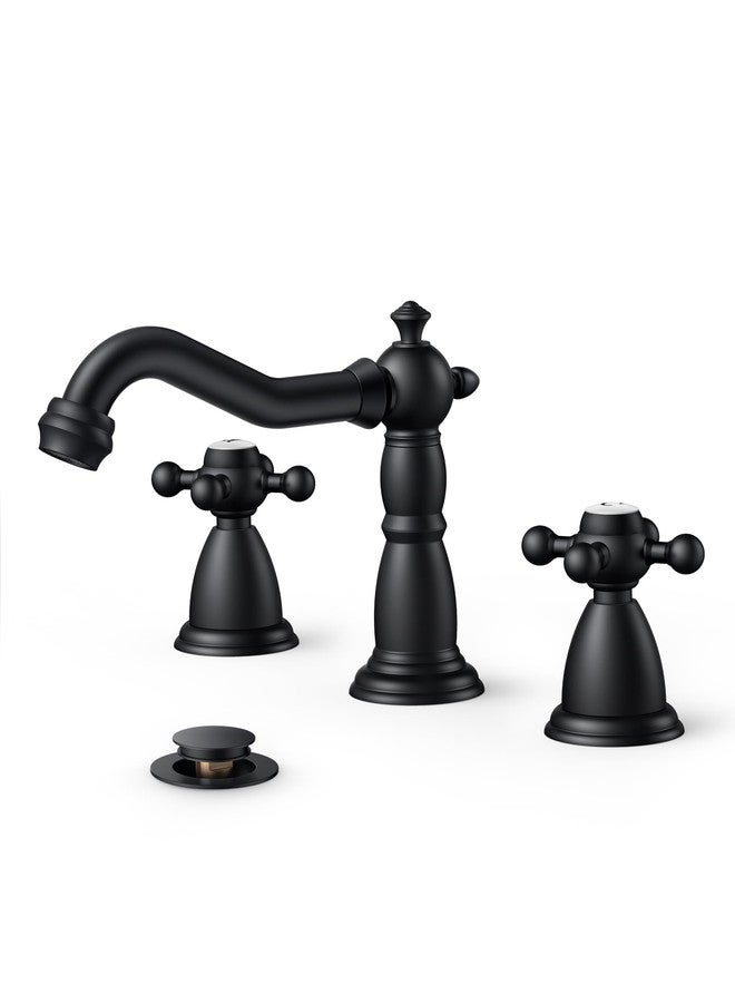 FORIOUS Matte Black 3 Hole Brass Vintage Farmhouse Bathroom Faucet, 8 Inch Widespread Bathroom Faucets 2 Cross Handles with Metal Pop Up Drain and Supply Hoses, for RV Vanity - Image 1