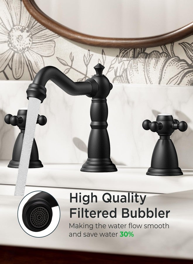 FORIOUS Matte Black 3 Hole Brass Vintage Farmhouse Bathroom Faucet, 8 Inch Widespread Bathroom Faucets 2 Cross Handles with Metal Pop Up Drain and Supply Hoses, for RV Vanity - Image 3