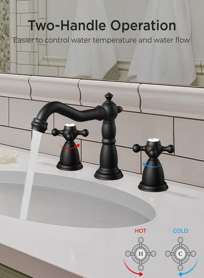 FORIOUS Matte Black 3 Hole Brass Vintage Farmhouse Bathroom Faucet, 8 Inch Widespread Bathroom Faucets 2 Cross Handles with Metal Pop Up Drain and Supply Hoses, for RV Vanity - Image 2
