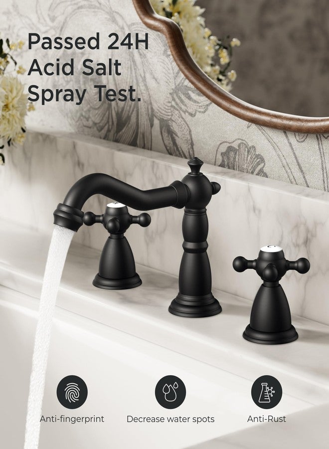 FORIOUS Matte Black 3 Hole Brass Vintage Farmhouse Bathroom Faucet, 8 Inch Widespread Bathroom Faucets 2 Cross Handles with Metal Pop Up Drain and Supply Hoses, for RV Vanity - Image 5