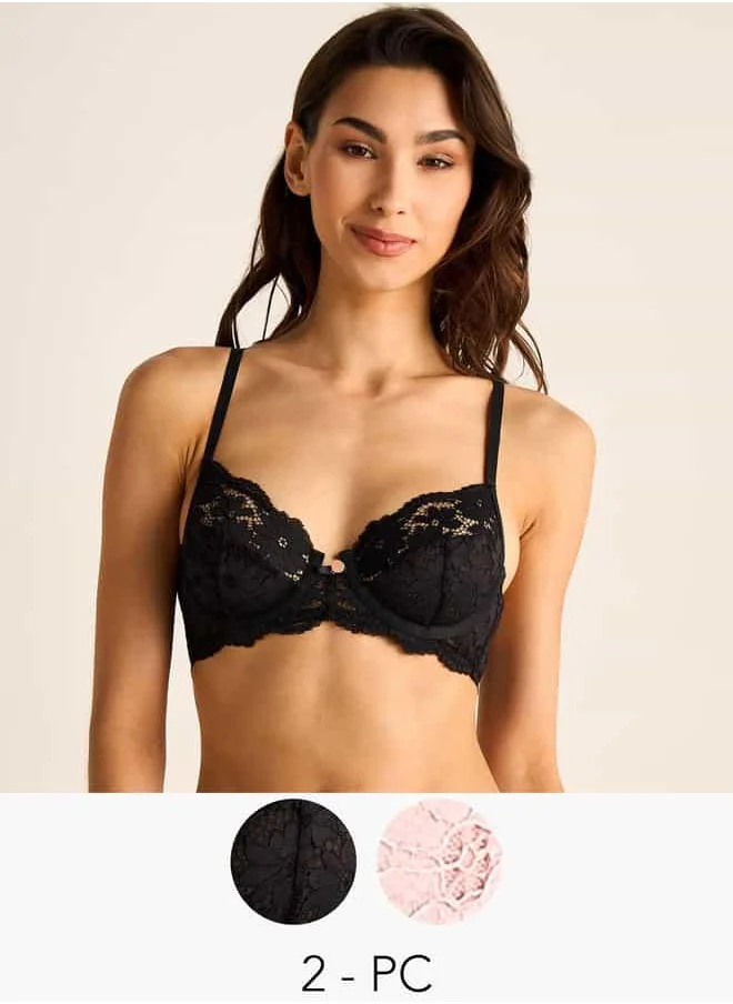 فاف Set of 2 - Lace Detail Demi Bra with Hook and Eye Closure