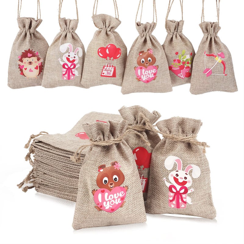 DERAYEE 36 Pcs Valentine's Day Burlap Gift Bags with Drawstring, 4 x 6 Inches Small Heart Linen Bags Valentines Candy Goodie Bags for Wedding Bridal Shower Valentine's Day Party Favors - Image 1