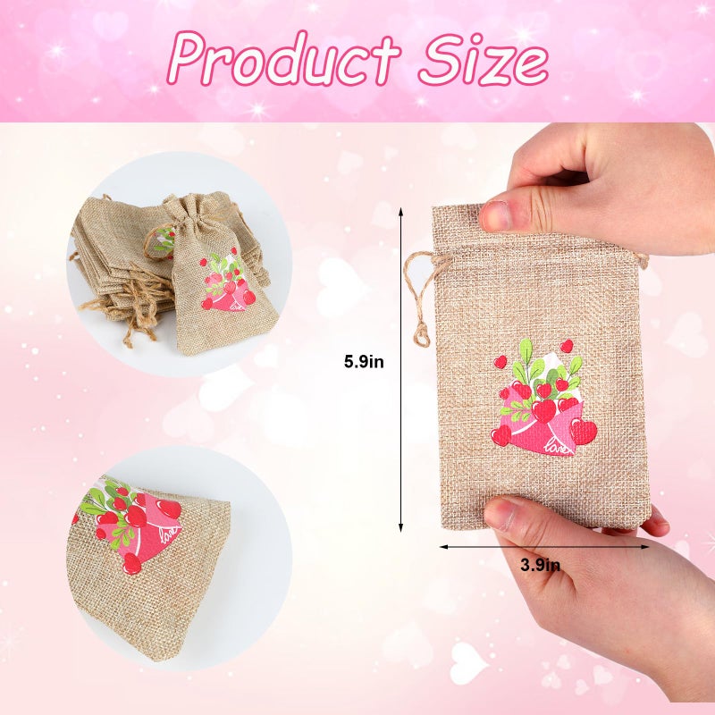 DERAYEE 36 Pcs Valentine's Day Burlap Gift Bags with Drawstring, 4 x 6 Inches Small Heart Linen Bags Valentines Candy Goodie Bags for Wedding Bridal Shower Valentine's Day Party Favors - Image 2