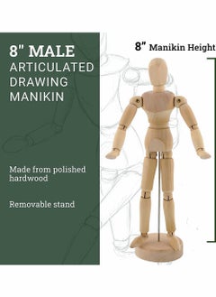 KASTWAVE Wood 8" Male, Artist Drawing Manikin Articulated Mannequin with Base and Flexible Body, Draw Painting Model Mannequin Jointed Doll, Perfect for Drawing The Human Figure or Home Desktop Decoration  - Image 2