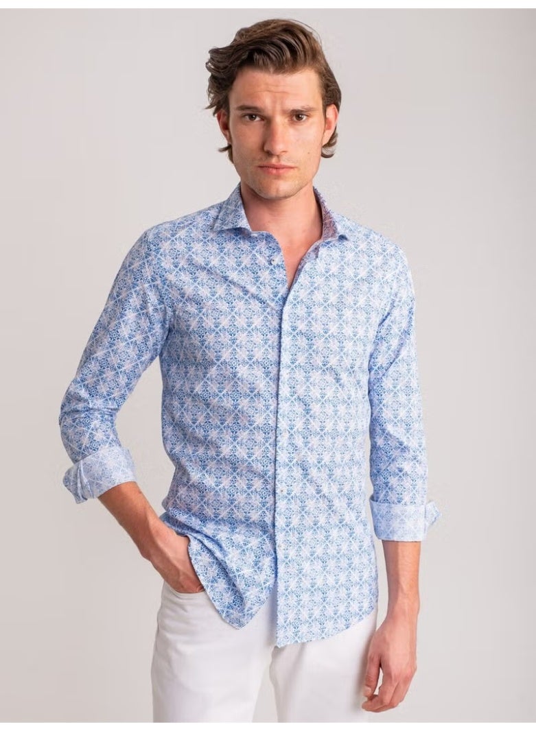 Dufy Blue Men's Slim Fit Paul Collar Long Sleeve Shirt - Image 1