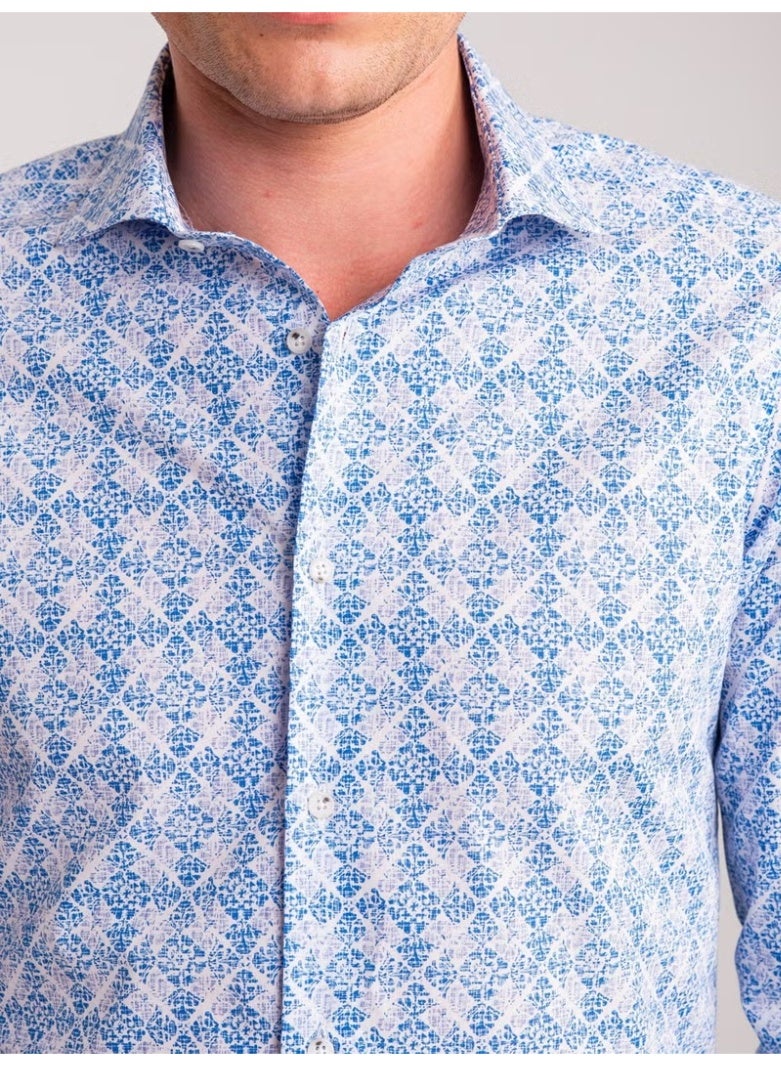 Dufy Blue Men's Slim Fit Paul Collar Long Sleeve Shirt - Image 2