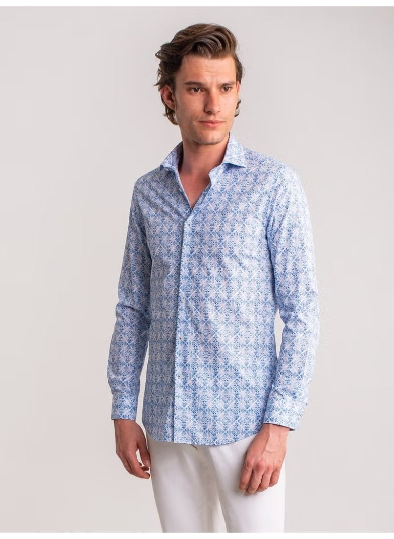 Dufy Blue Men's Slim Fit Paul Collar Long Sleeve Shirt - Image 5