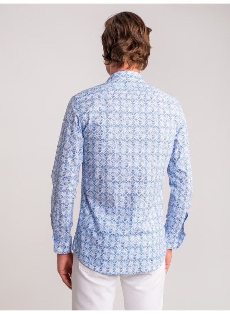 Dufy Blue Men's Slim Fit Paul Collar Long Sleeve Shirt - Image 3