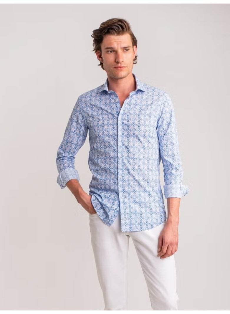 Dufy Blue Men's Slim Fit Paul Collar Long Sleeve Shirt - Image 4