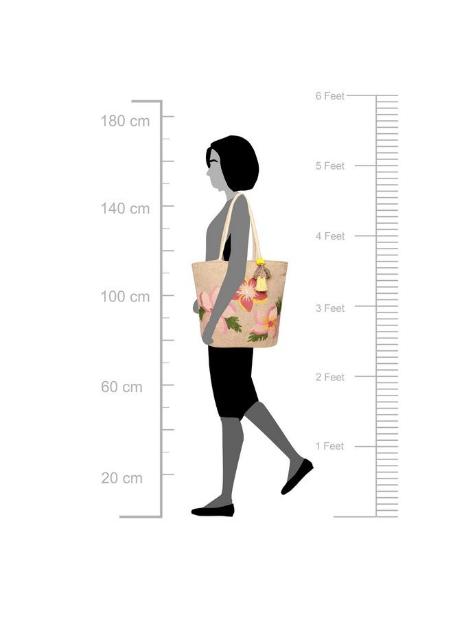 Astrid ASTRID Embroidered Floral Jute Tote Bag for Women and Girls with Zip, Tassels, Internal Zipper And Completely Biodegradable  - Image 4