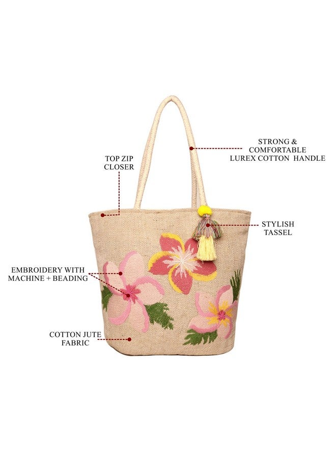 Astrid ASTRID Embroidered Floral Jute Tote Bag for Women and Girls with Zip, Tassels, Internal Zipper And Completely Biodegradable  - Image 3