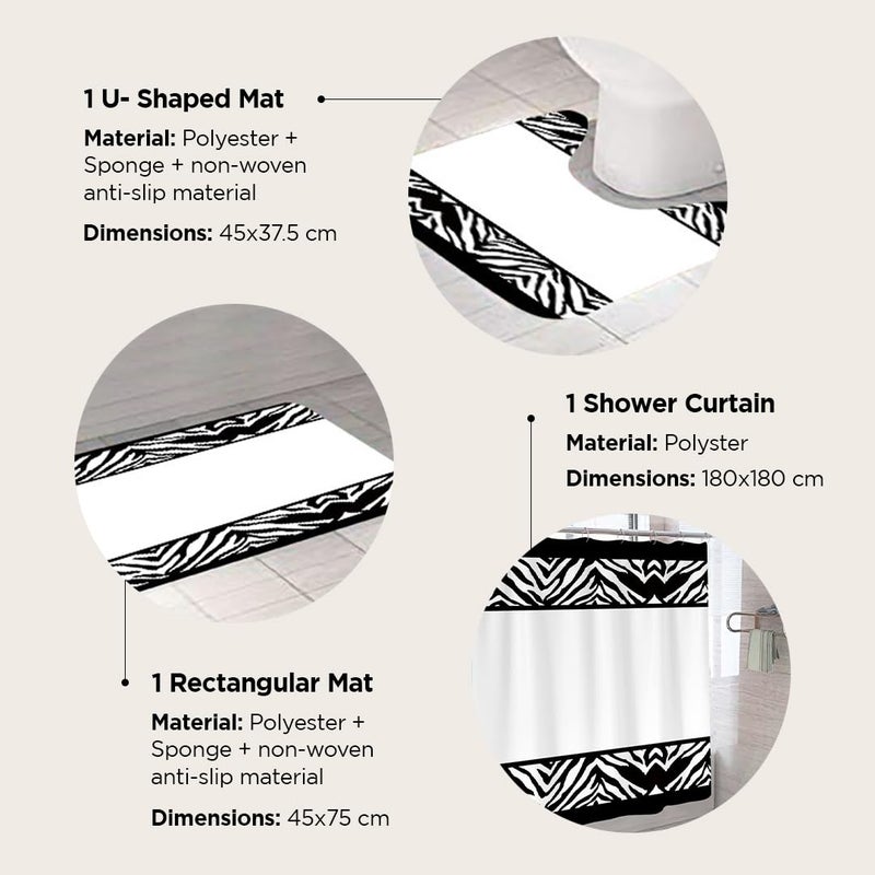 Umai UMAI Shower Curtain (180X180 cm) & Bathmat 3 Pcs Set|6ft|Creative Vibrant Coloured Polyster Curtain Sets with Non-Slip Bath mats for Bathroom|Easy-Slide Curtains|Quick Dry,Soft Mats  - Image 3