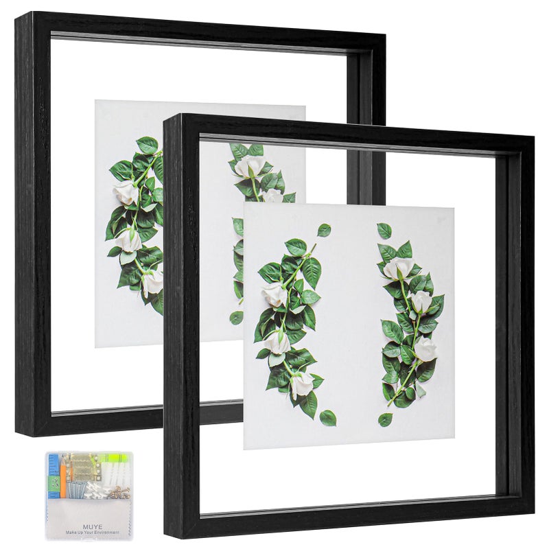 MUYE 10x10 Floating Frames Set of 2Double Glass Picture Frame Display Any Size Photo up to 10x10Wall Mount or Tabletop StandingBlack