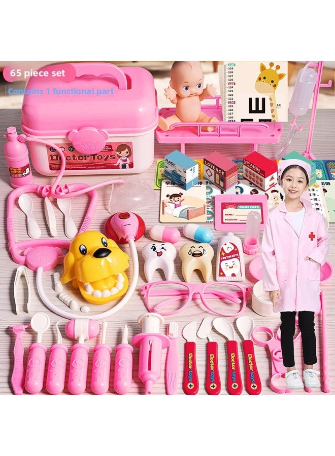 Children's Doctor Toy Set For Girls Realistic Nurse Stethoscope Syringe Dental Household Medical Toolbox Roleplay Medical Kit-Color:【Pink Nurses】 65-piece Storage Box 【Acousto-optic Stethoscope + Vi - Image 1