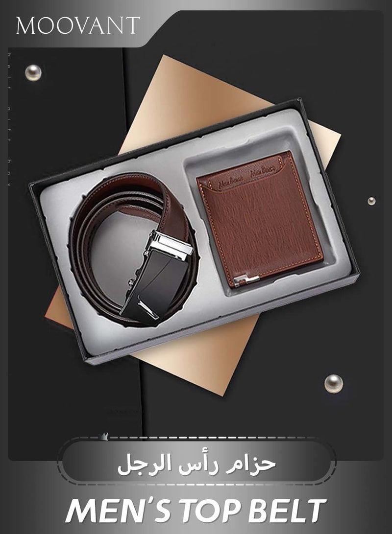 4PCS Belt and Wallet Purse Set, Genuine Leather Belt & Portable Leather Wallet Present Set for Men, Men's Gift Set, with Gift Box and Bag, Brown