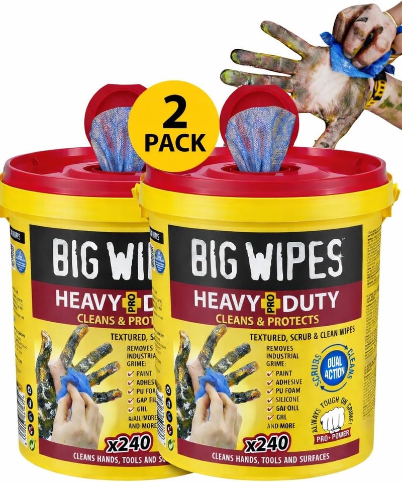 Big Wipes Heavy Duty Pro+ Hand Wipes – Textured Dual-Sided Cleaning Wipes for Paint, Grease, Oil - Industrial Cleaning Products for Tools & Surfaces - Heavy Duty Hand Cleaner - 2 Buckets x480 Wipes - Image 1