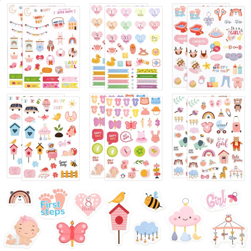 XIHIRCD 12 Sheets Multicolored Baby Girl Stickers for Scrapbooking, Cute Baby Scrapbook Decal Stickers, Paper Material, Cartoon Style, Decorative Stickers - Image 1