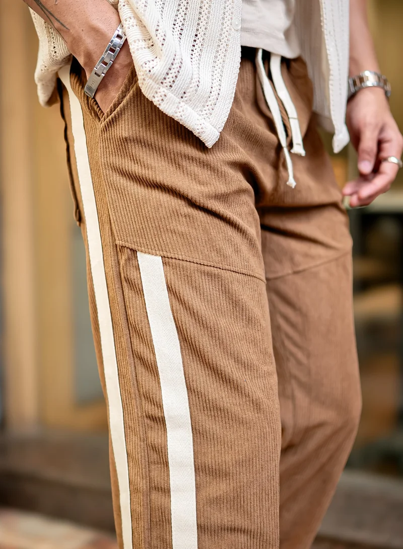 Maniac Maniac Mens ColorBlock Brown, Half White Tape Corduroy fabric Jogger