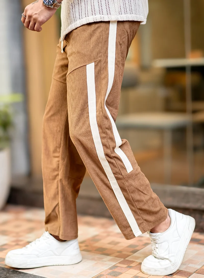 Maniac Maniac Mens ColorBlock Brown, Half White Tape Corduroy fabric Jogger