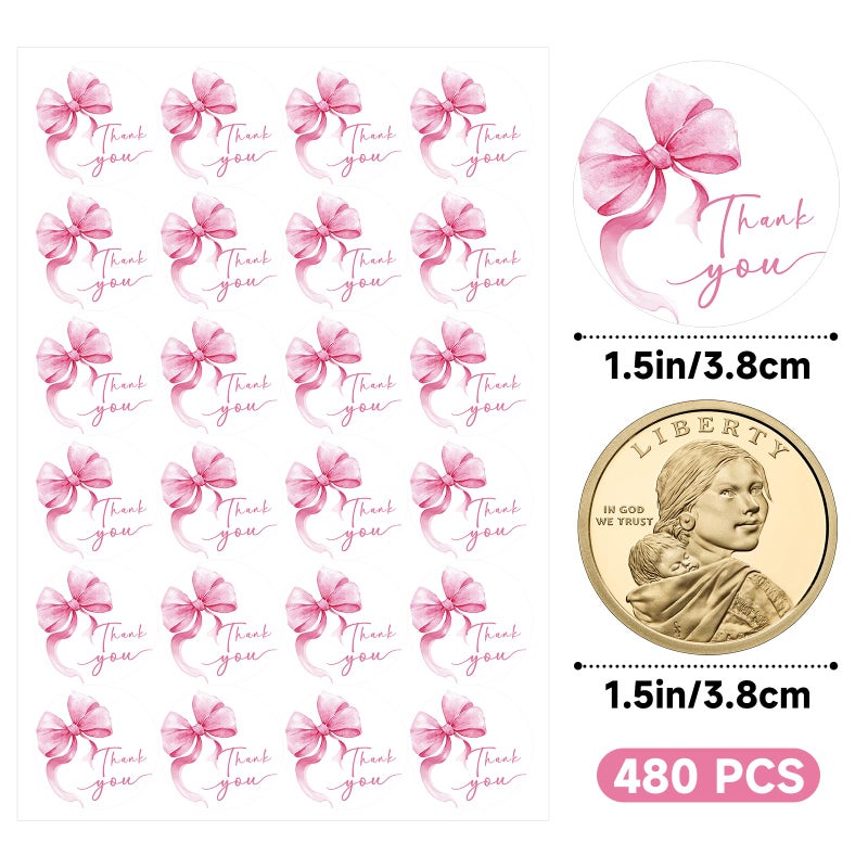 Anwyll Bow Thank You Stickers - Pink Thank You Stickers for Small Business 480Pcs 1.5In Thank You Sticker for Packaging Self Adhesive Thank You Party Favor Seal Label Sticker for Baby Shower Birthday - Image 2