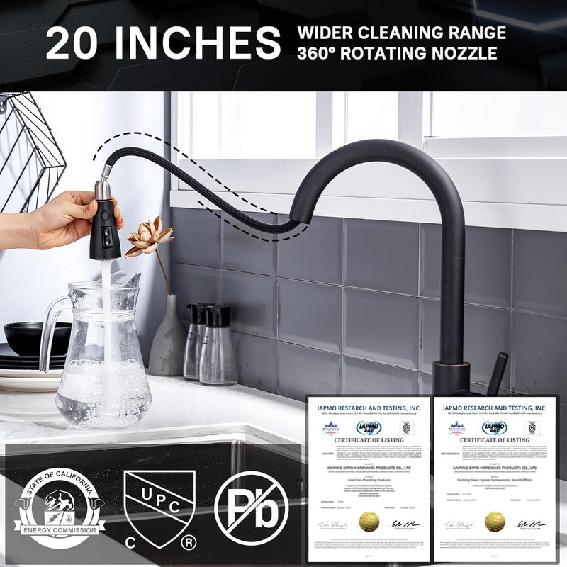 WEWE Kitchen faucets with Pull Down Sprayer, Farmhouse Kitchen Faucet Oil Rubbed Bronze Commercial Modern high arc Stainless Steel Single Handle Single Hole for Utility rv Laundry Sinks - Image 3