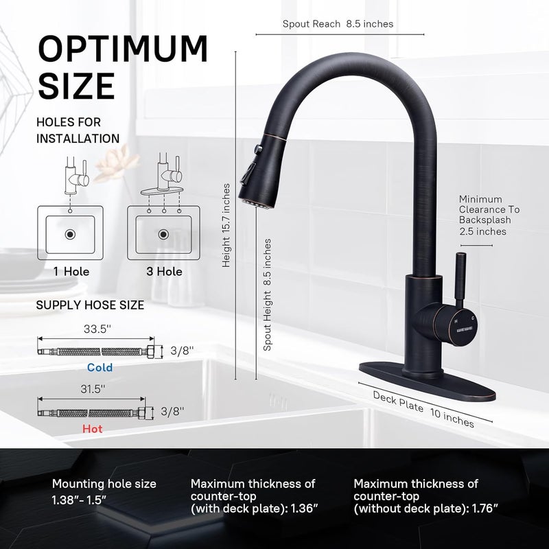 WEWE Kitchen faucets with Pull Down Sprayer, Farmhouse Kitchen Faucet Oil Rubbed Bronze Commercial Modern high arc Stainless Steel Single Handle Single Hole for Utility rv Laundry Sinks - Image 2