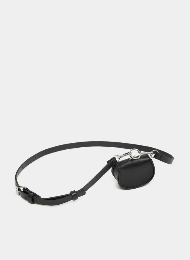 Women Black Faux Leather Belt with Pouch