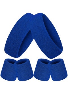 Bememo Bememo Striped Sweatbands Set - 2 Sports Headbands and 4 Wristbands for Men and Women (Blue, 6 Pieces)  - Image 1