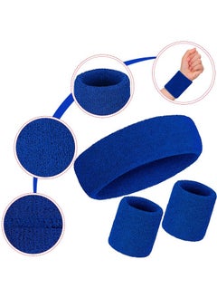 Bememo Bememo Striped Sweatbands Set - 2 Sports Headbands and 4 Wristbands for Men and Women (Blue, 6 Pieces)  - Image 2