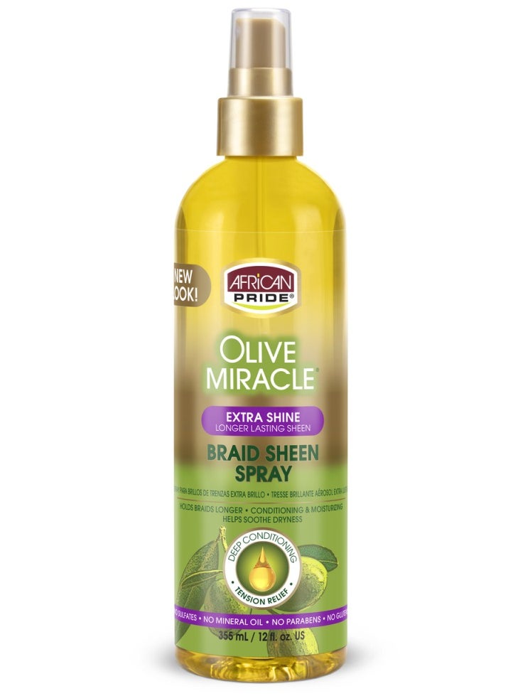 African Pride Olive Miracle Extra Shine Longer Lasting Sheen Braid Sheen Spray 355ml 