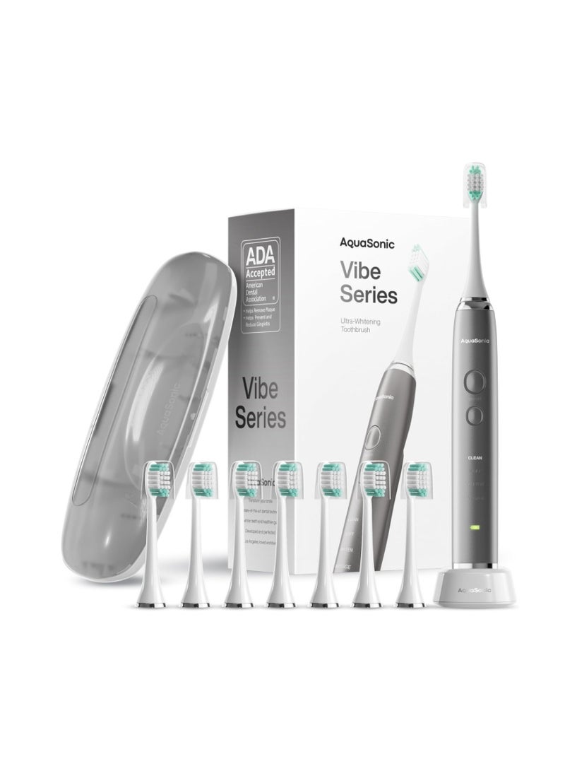 أكوا سونيك فرشاة أسنان كهربائية فائقة التبييض من سلسلة VIBE - 8 رؤوس فرشاة من DuPont وحقيبة سفر مرفقة - محرك سونيك بقوة 40,000 ذبذبة في الدقيقة وشحن لاسلكي - 4 أوضاع مع مؤقت ذكي - لون فحمي معدني - Image 1