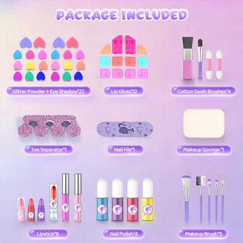 PERRYHOME Kids Makeup Sets for Girls 58 59 Pcs Washable Real Cosmetic Set with Mirror NonToxic Girls Makeup Kit Toddler Nail Polish Kit Princess Toys Birthday Gifts for 312 Years OldPurple - Image 5