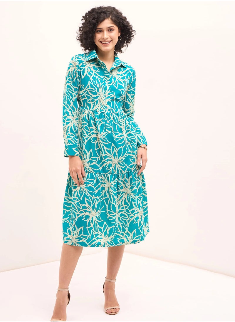 Salt Attire Women's  Elegant Floral Pattern Dress with Cuffed Sleeves and Shirt Collar in Over-the-Knee Length Perfect for Any Occasion and Crafted for Comfort and Style  - Image 1