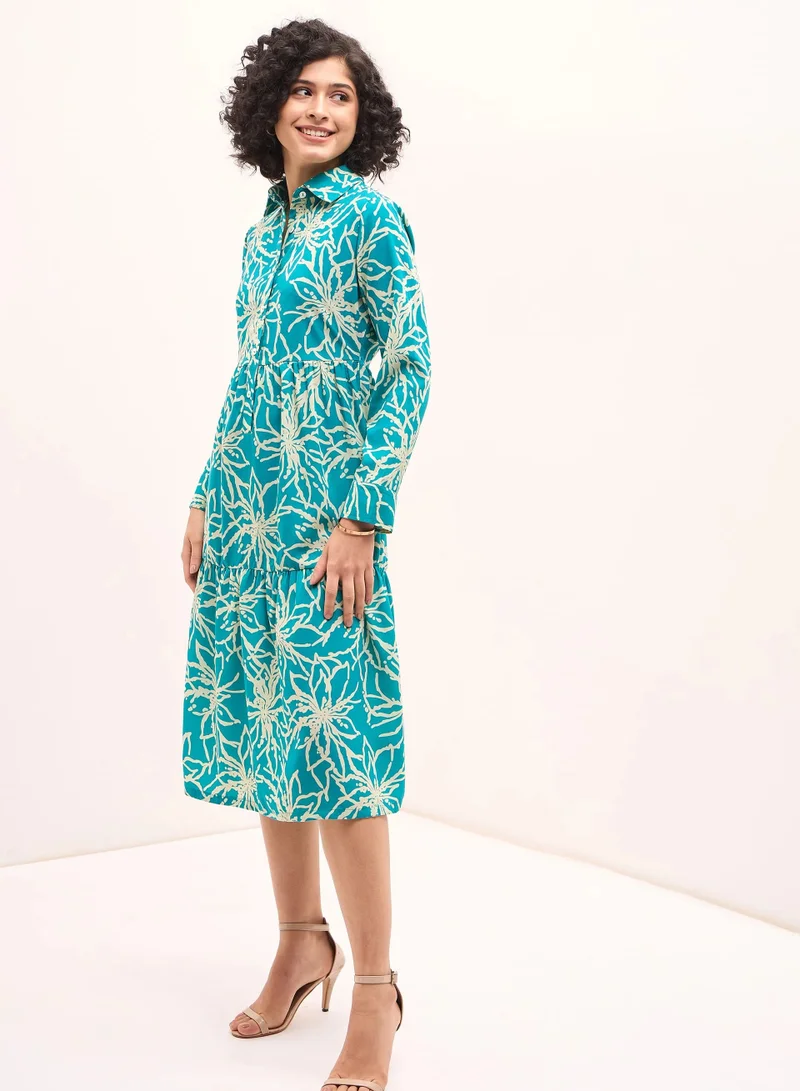 Salt Attire Women's  Elegant Floral Pattern Dress with Cuffed Sleeves and Shirt Collar in Over-the-Knee Length Perfect for Any Occasion and Crafted for Comfort and Style