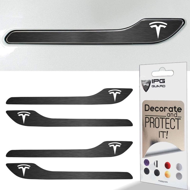 IPG for Tesla Model 3 / Model Y Door Handle Decal Sticker Wrap Kit (Set of 4) with Tesla Logo (Midnight Silver Brushed Aluminum) - Image 1