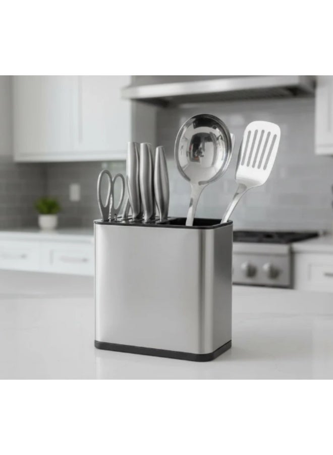 أي كي دي سي حامل سكاكين وأدوات مطبخ عالمي 2 في 1 من الفولاذ المقاوم للصدأ من AKDC Professional – منظم تخزين آمن متعدد الفتحات (196×118×201 مم) - Image 1