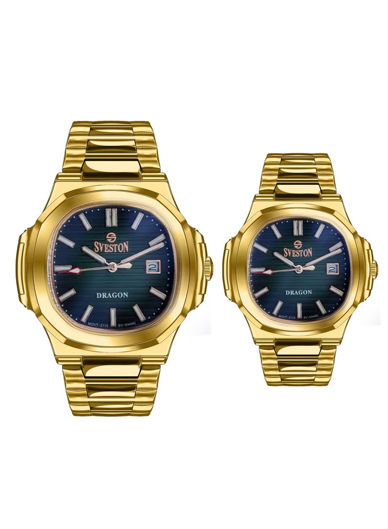 Sveston Dragon Analog Quartz Green Dial Stainless Steel Couple Set Watch SV 9348 - Image 1