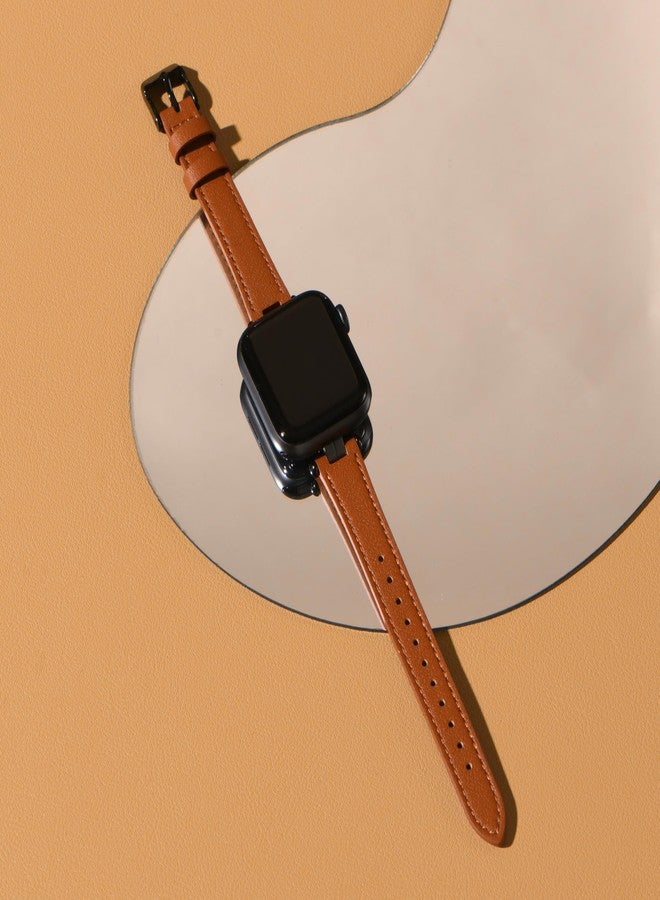 سوار جلدي رفيع من STIROLL متوافق مع أساور ساعة Apple Watch 41 مم و40 مم و38 مم و42 مم (سلسلة 11 و10) للنساء، سوار جلدي أنيق من أعلى الحبوب معصم رفيع لساعة iWatch SE3/2/1 سلسلة 9 و8 و7 و6 و5 و4 و3 و2 و1، بني/أسود - Image 3