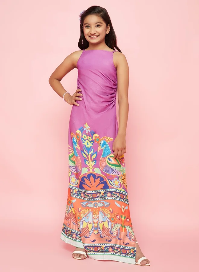 أيه كيه إس Purple Ethnic Motifs Printed Maxi Dress for Girls