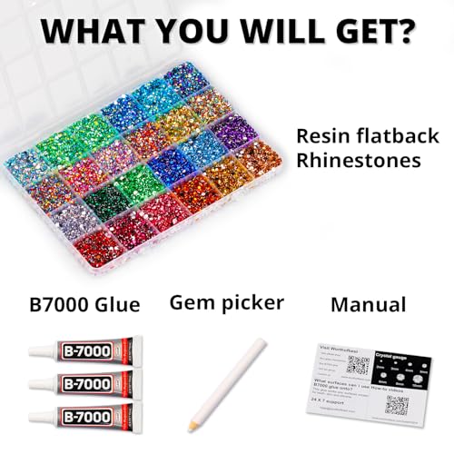 Worthofbest 31000Pcs Rhinestones for Bedazzling, 3mm Bedazzler Kit with Flatback Rhinestones for Clothes Crafting Crafts Nails Clothing, Flat Back Resin Rainbow Colorful Colored Crystal with B 7000 Glue Clear - Image 2