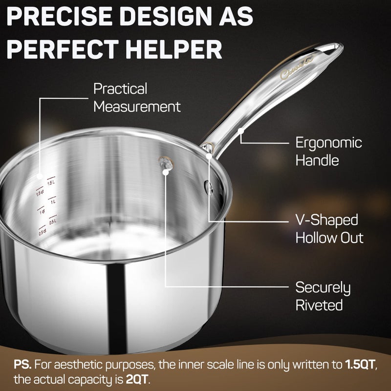 Ciwete 2 Quart Sauce Pan With Lid Tri Ply Stainless Steel Saucepan 2 Qt With Stainless Steel Lid 2 Measuring Lines Upgraded Packaging Cool Ergonomic Handle Dishwasher & Oven Safe - Image 4