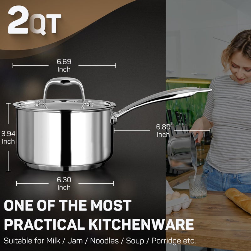 Ciwete 2 Quart Sauce Pan With Lid Tri Ply Stainless Steel Saucepan 2 Qt With Stainless Steel Lid 2 Measuring Lines Upgraded Packaging Cool Ergonomic Handle Dishwasher & Oven Safe - Image 3